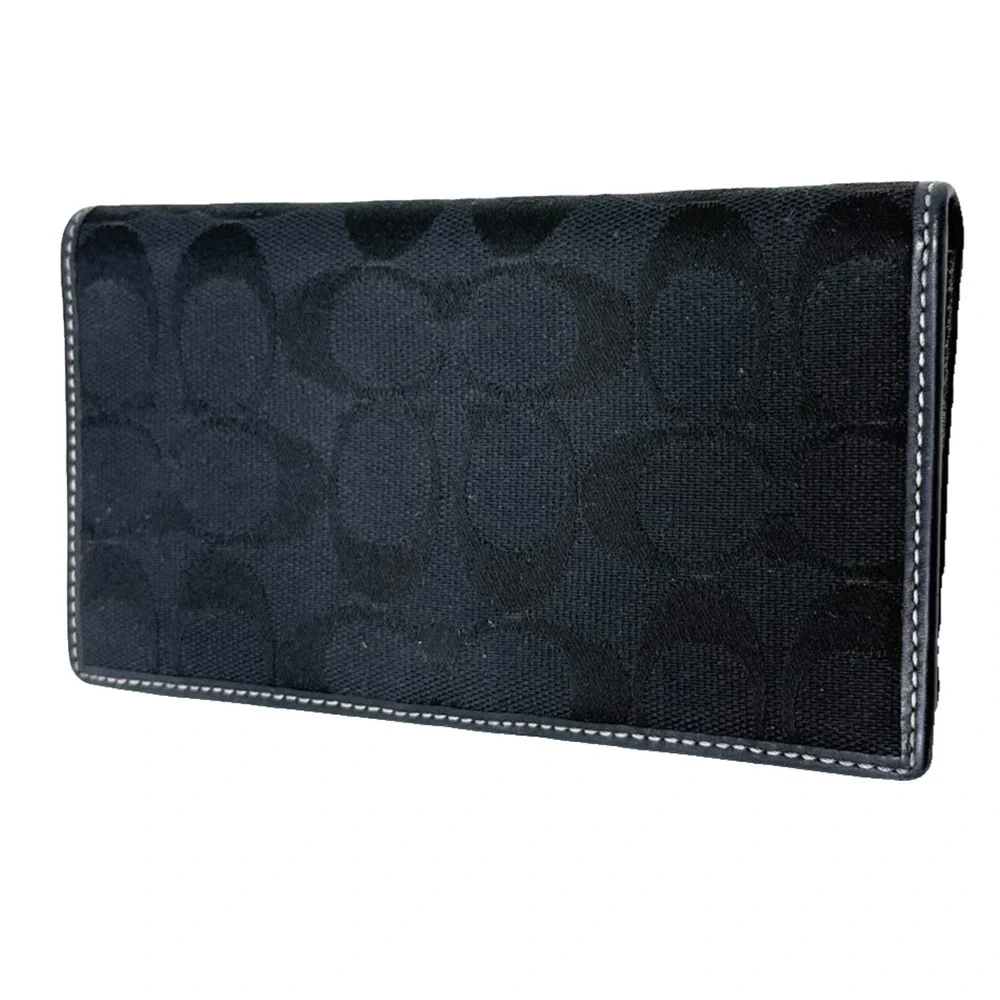 Coach Black Signature Jacquard Fabric & Leather Trim Checkbook Trifold Wallet
